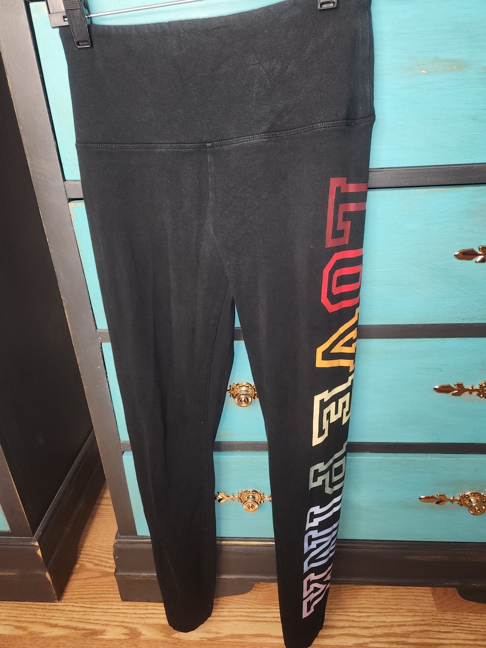 PINK Victoria's Secret Black Leggings with Multicolor Side Lettering